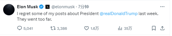 荣耀配资 凌晨！马斯克发文：对发表关于特朗普的帖子感到后悔！